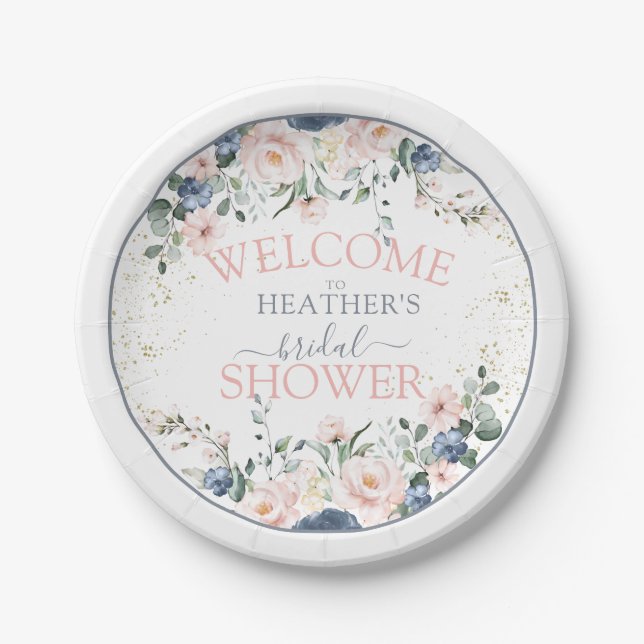 Prato De Papel Chá de panela Floral Dourado Rosa Azul-Cinza Dusty (Frente)