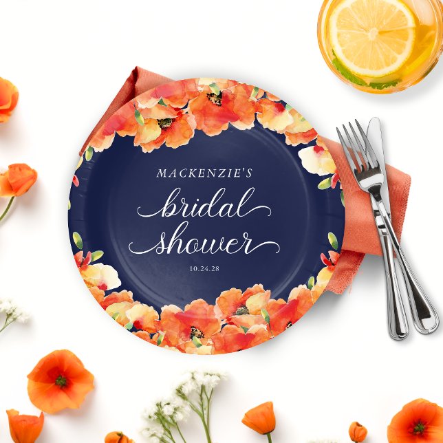 Prato De Papel Chá de panela marinho azul e Ouro (Navy Blue and Golden Poppy Bridal Shower Paper Plates)