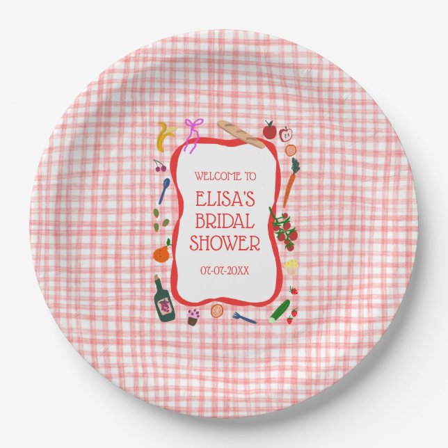 Prato De Papel Chá de panela PERSONALIZADO Gingham Picnic Moderno (Frente)
