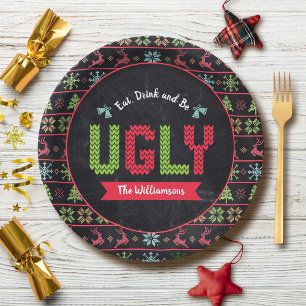 Prato De Papel Chalkboard de suéter nórdico de Natal feio