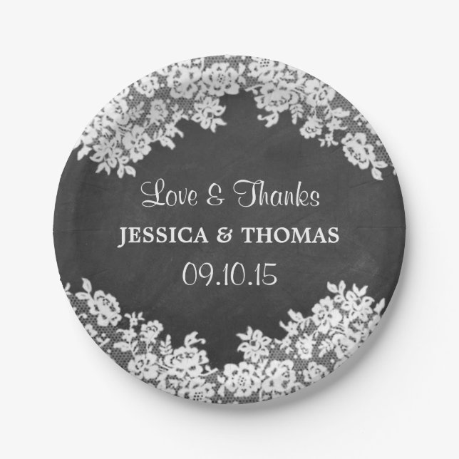 Prato De Papel Chalkboard & White Lace Weds Plates (Frente)