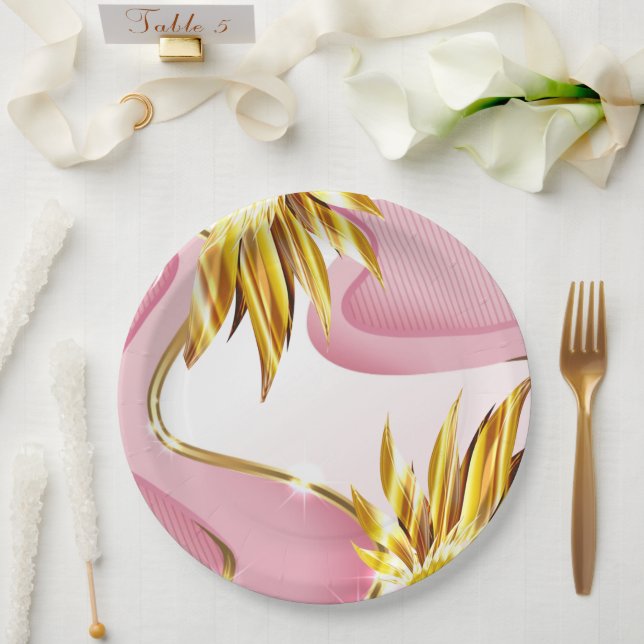 Prato De Papel Chama Dourada Elegante Rosa (Casamento)