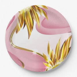 Prato De Papel Chama Dourada Elegante Rosa