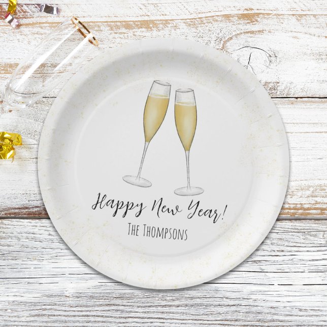 Prato De Papel Champagne de felizes anos novos Dourada (New Year's Eve holiday watercolor whimsical champagne flutes paper plate.)