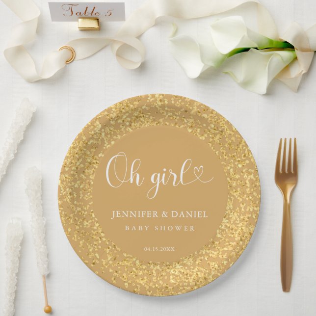 Prato De Papel Champagne Gold Confetti Oh Girl Luxe Script (Casamento)