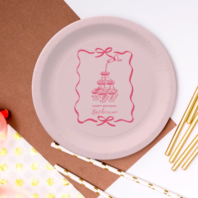 Prato De Papel Champagne Tower Pink Hand Drawn Birthday Party (Criador carregado)