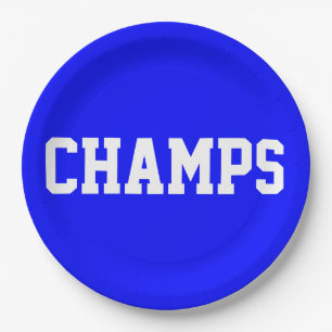 Prato De Papel CHAMPS Diversão Esportiva Texto Branco em Azul Rea