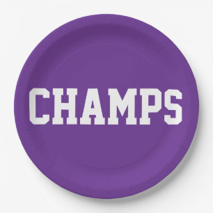 Prato De Papel CHAMPS Diversão Esportiva Texto Branco no Roxo Rea