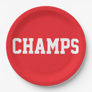 Prato De Papel CHAMPS Diversão Esportiva Texto Branco no Vermelho