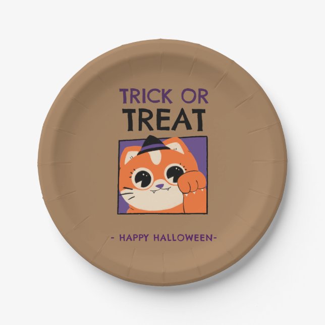 Prato De Papel Chapa de festa do Dia das Bruxas, gatinho de chapé (Frente)