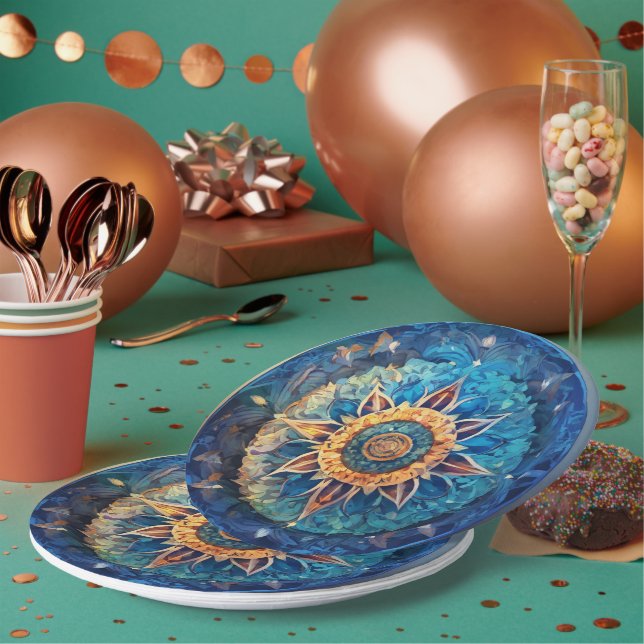 Prato De Papel chapa de papel azul de mandala (Múltiplo)