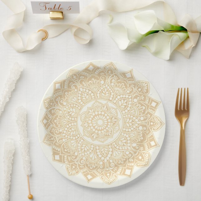 Prato De Papel Chapa de papel Mandala dourada (Casamento)