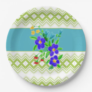 Prato De Papel Chapas Bonito Flores em Teal e Limão