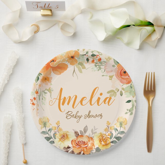 Prato De Papel Chapas de Chá de fraldas Floral Desenhadas À Mão (Casamento)