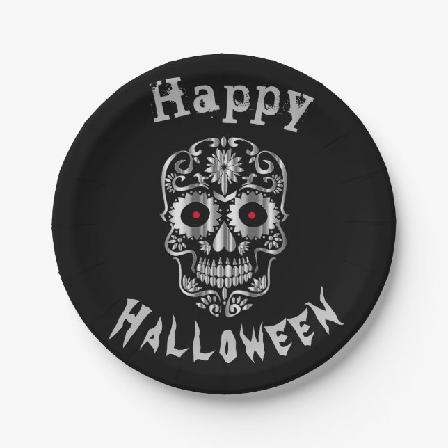 Prato De Papel Chapas de festas de Halloween de na moda-skull úni (Frente)