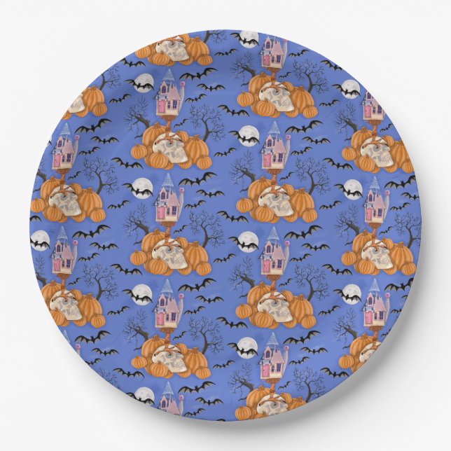 Prato De Papel Chapas de Halloween, abóboras, crânio e morcegos (Frente)