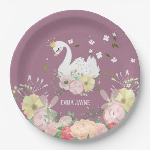 Prato De Papel Chapas de papel de aniversário de Cisne Floral Wh