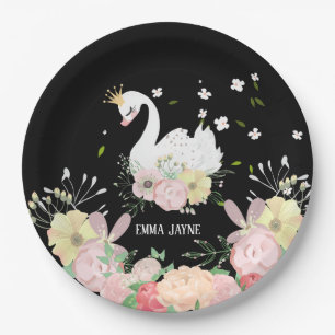 Prato De Papel Chapas de papel de aniversário de Cisne Floral Whi