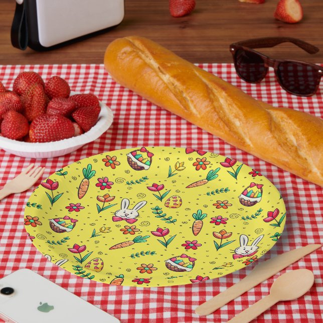 Prato De Papel Chapas de papel de padrão de Páscoa amarela brilha (Piquenique)