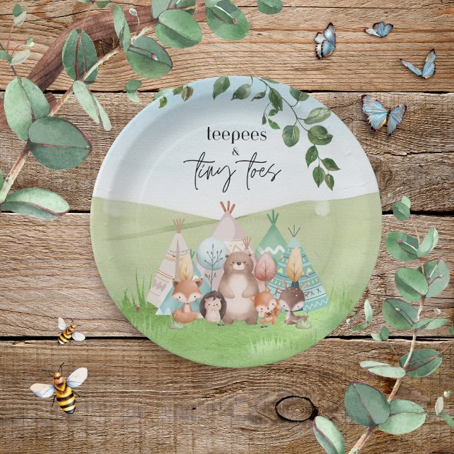 Prato De Papel Chapas de papel de peitos e dedos minúsculos (Adorable Teepees & Tiny Toes woodland animal theme paper plates)