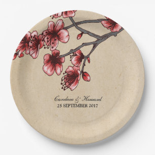 Prato De Papel Chapas de papel de Red Vintage Cherry Blossoms