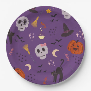 Prato De Papel Chapas de papel do Halloween - crânios, abóboras e