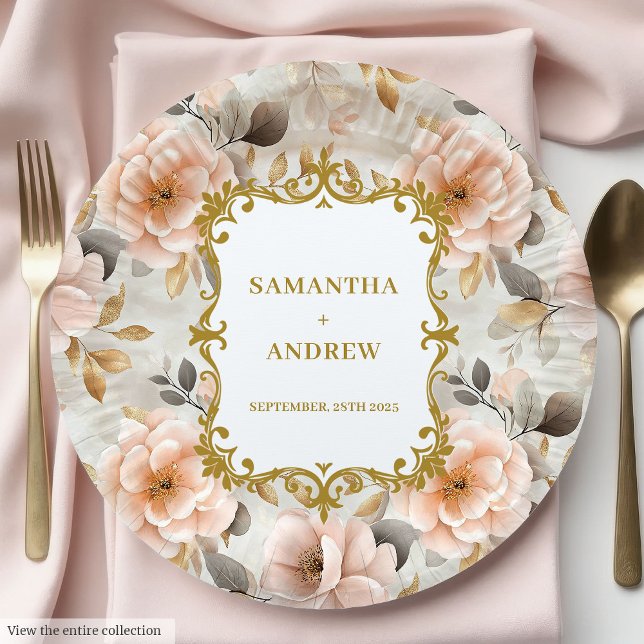 Prato De Papel Chapas de papel Dourado Clássico Blush (Classic Blush Gold Wedding Paper Plates)