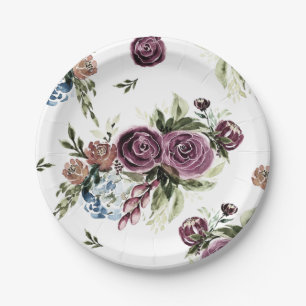 Prato De Papel Chapas de Papel Floral Mauve e Olive Vintage