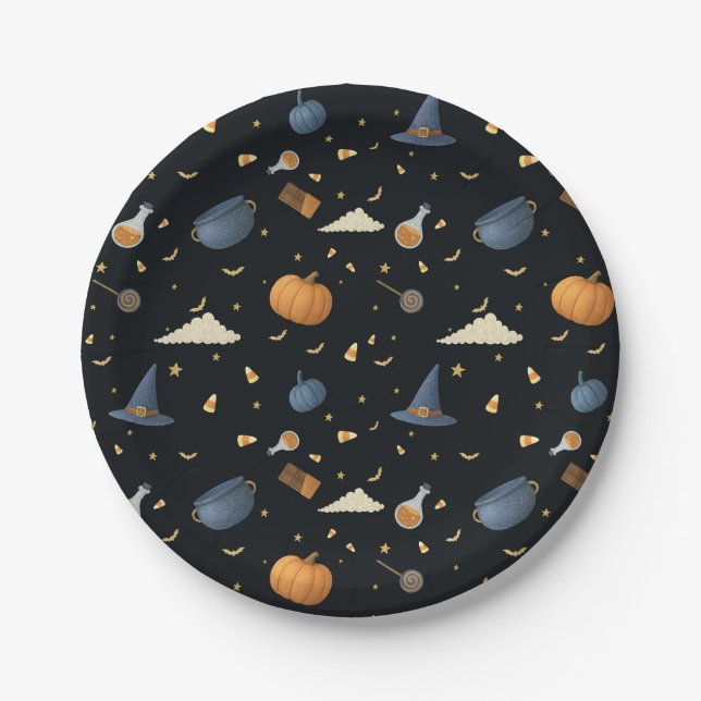 Prato De Papel Chapas de Papel Halloween — Pumpkins, Caldrões e S (Frente)