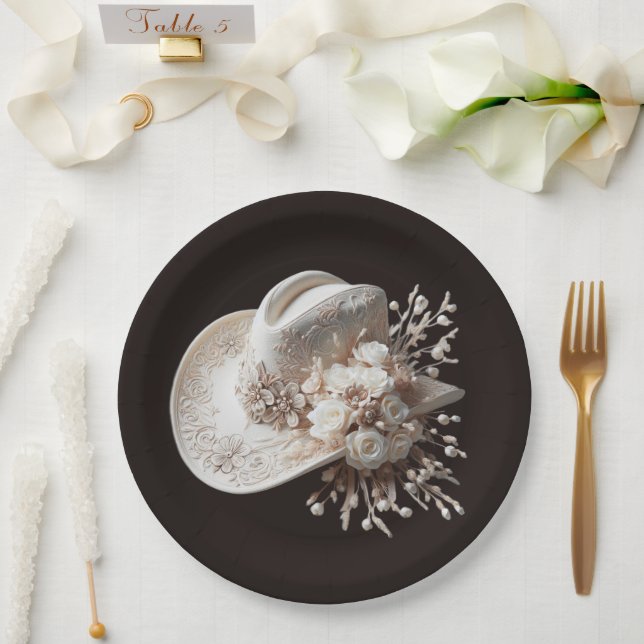 Prato De Papel Chapéu branco com flores (Casamento)