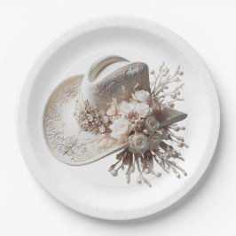 Prato De Papel Chapéu branco com flores