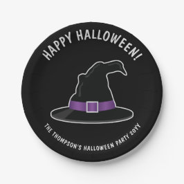 Prato De Papel Chapéu de Bruxa Com Detalhes Roxos Feliz Halloween