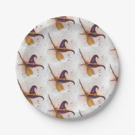 Prato De Papel Chapéu e vassoura da bruxa do Halloween