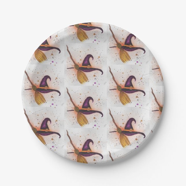 Prato De Papel Chapéu e vassoura da bruxa do Halloween (Frente)