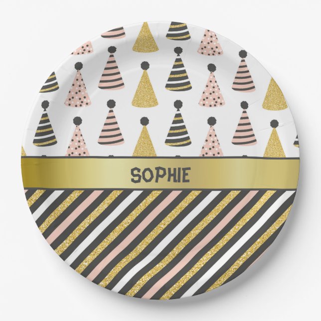 Prato De Papel Chapéus e Stripes Brithday Rosa e Cinza (Frente)