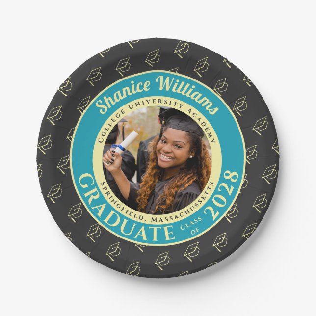 Prato De Papel Charcoal Photo Modern Graduation Party (Frente)