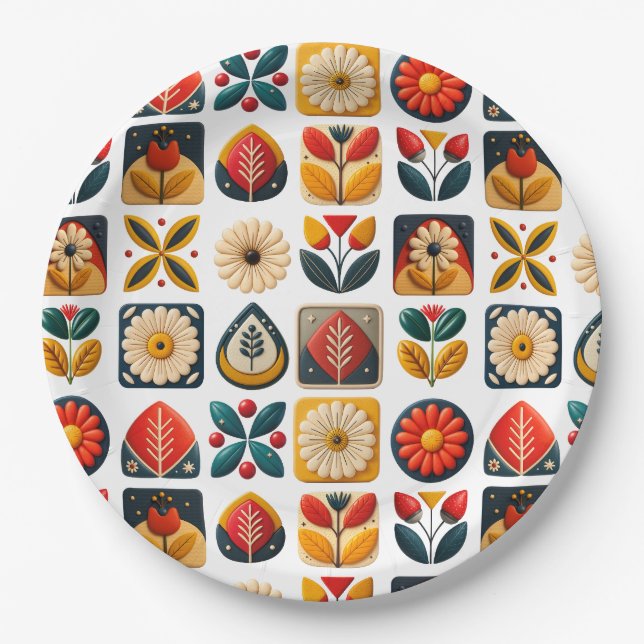 Prato De Papel Charme do Partido Mosaico Floral do Retro Folk (Frente)