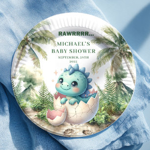Prato De Papel Charming Dino Baby Shower Hatching Soon Placas