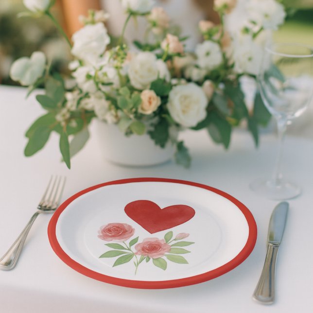 Prato De Papel Charming Heart and Pink Roses Valentine's Day  (“Romantic wedding table with floral heart plate, soft roses, and dreamy Valentine‑ambiance.)