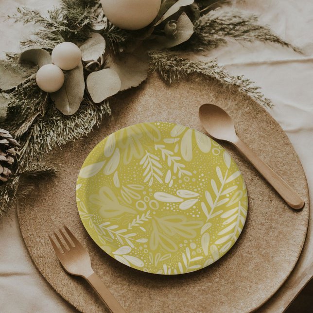 Prato De Papel Chartreuse Bramble | Placas Botânicas Festivas (Chartreuse Yellow Bramble | Festive botanical holiday party paper plates)