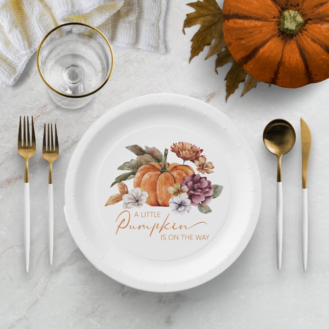 Prato de Papel Chás de Bebê Pequena Abóbora (Fall In Love With Baby Paper Plate Decor Baby Shower Fall Autumn Watercolor Pumpkin Floral)