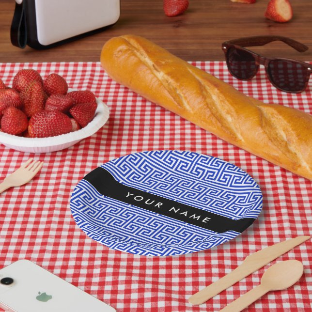 Prato De Papel Chave Grega Meander H Blue, Seu Nome Personalizar (Piquenique)