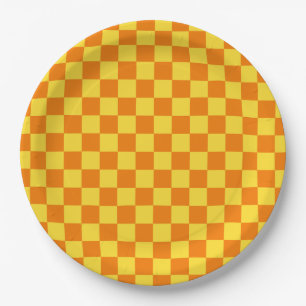 Prato De Papel Checkboard amarelo laranja verificado