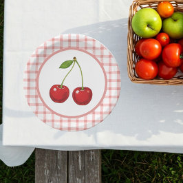 Prato De Papel Checked Paper Plates with Cherries for Parties