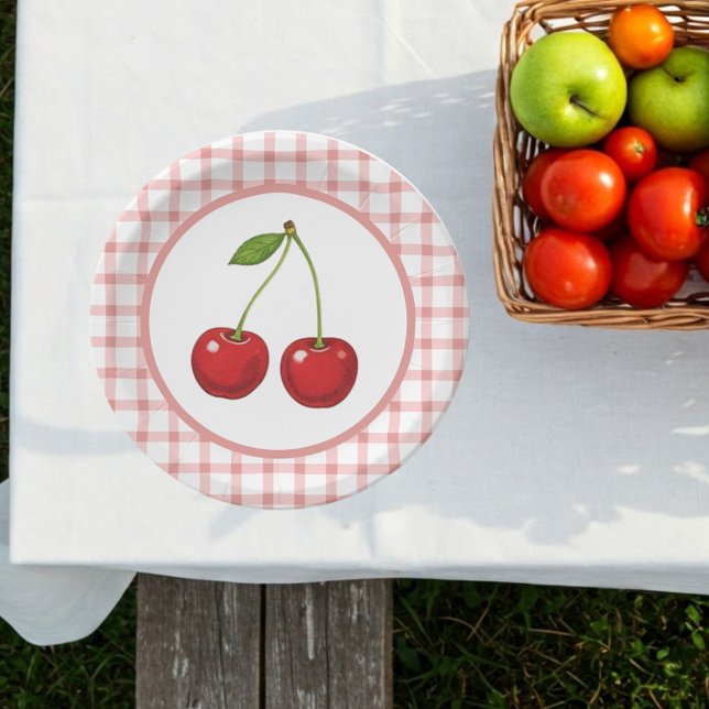 Prato De Papel Checked Paper Plates with Cherries for Parties (Criador carregado)