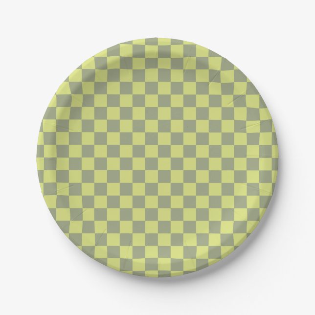 Prato De Papel Checkerboard amarelo e verde (Frente)