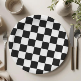 Prato De Papel Checkered Black and White Pattern Birthday Party