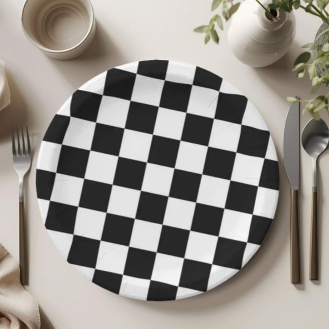 Prato De Papel Checkered Black and White Pattern Birthday Party (Checkered Black and White Plate, Black and White Party Decor, Checkered Party Plates, Two Cool Party)