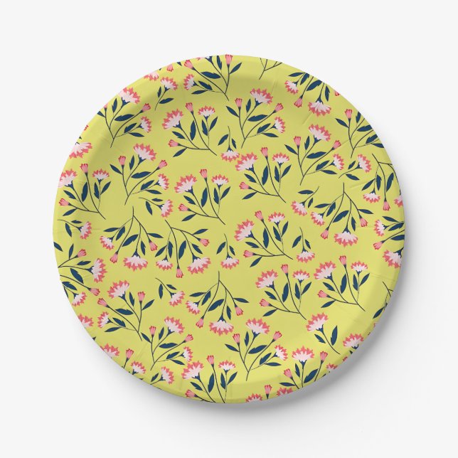 Prato De Papel  Cheerful Floral Pattern: Pink Flowers  (Frente)