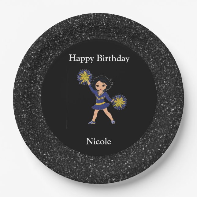 Prato De Papel Cheerhead "Happy Birthday" Black Sparkle (Frente)